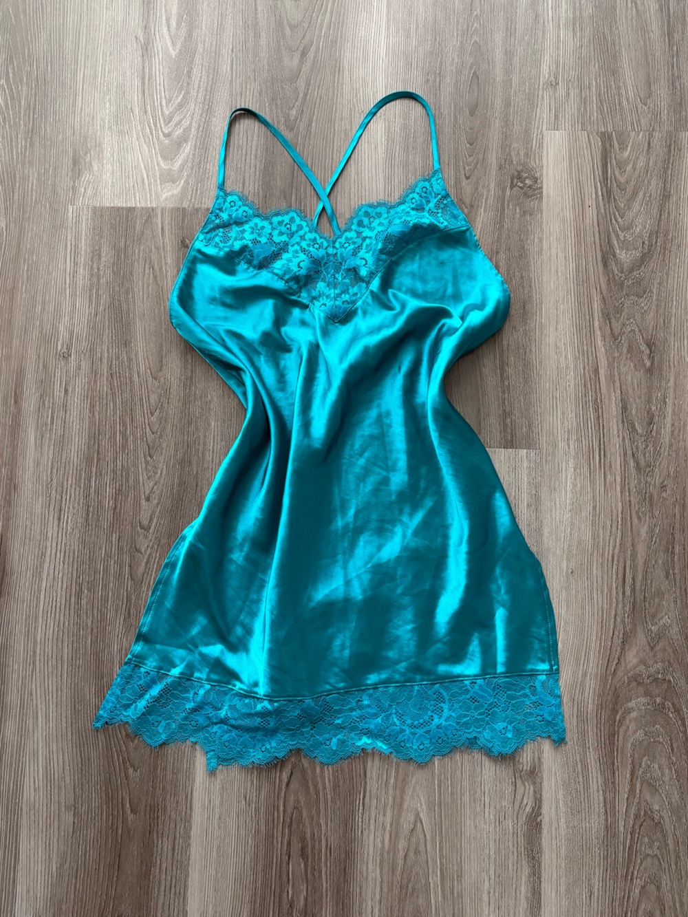 Silk-Feel Teal Lace Trim Chemise Slip